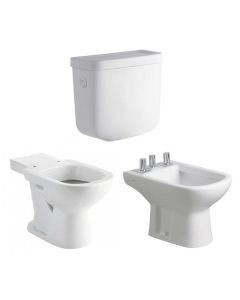 CONJUNTO Inodoro Largo Bari + Deposito de Apoyar Bari Doble Descarga + Bidet Bari 3 Agujeros