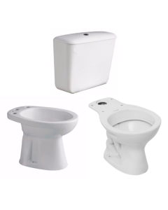 Conjunto de baño Inodoro Largo Andina + Deposito de Apoyar Andina Doble Descarga 4.5 Lts. + Bidet Andina 3 Agujeros