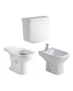 CONJUNTO Inodoro Largo Bari + Deposito de Apoyar Bari Doble Descarga + Bidet Bari 1 Agujero